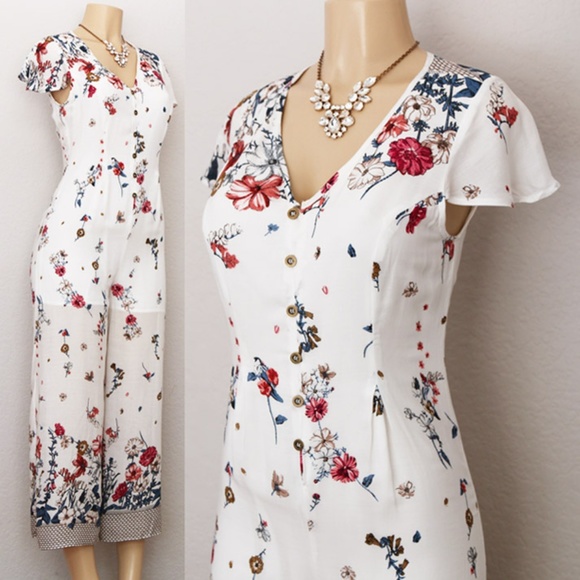 Love Riche Dresses & Skirts - White Floral Button Front Culotte Crop Jumpsuit
